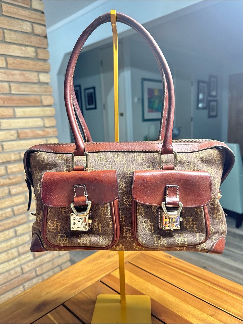 Dooney & Bourke Brown Monogram Satchel with Chestnut Leather Trim (stained int)
